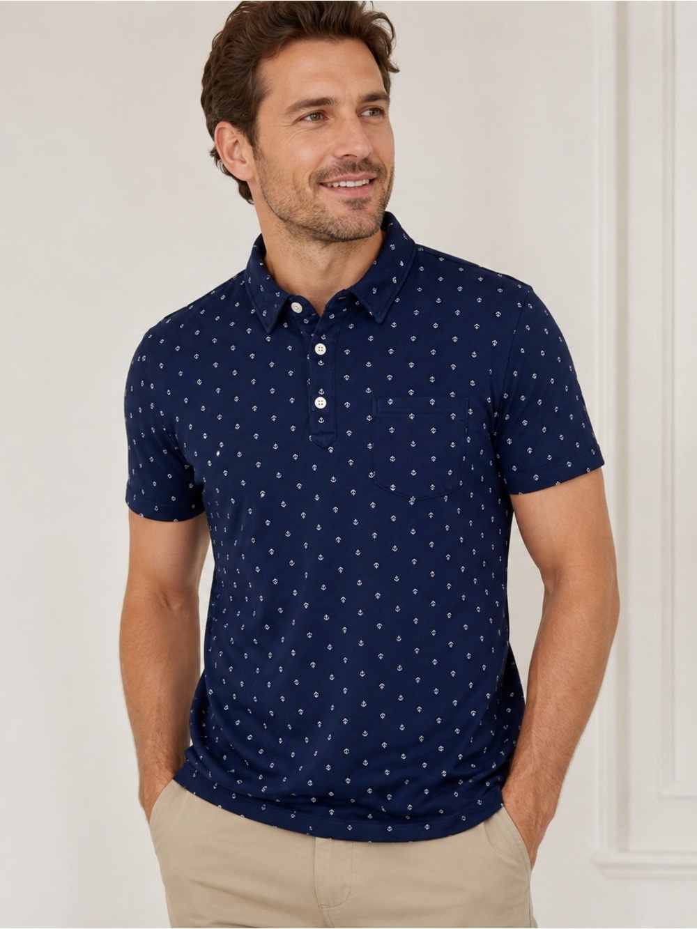 Banana Republic Navy Polo with White Anchor Print